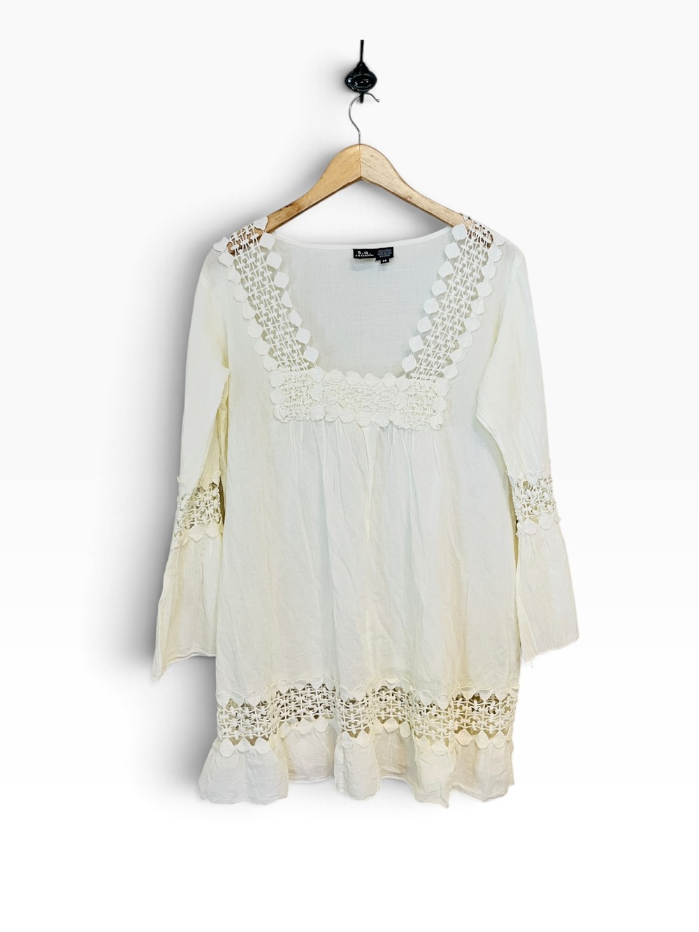 S.R. Fashion Womens Tunic top Cover Up Medium White Flare Sleeve Crochet Boho